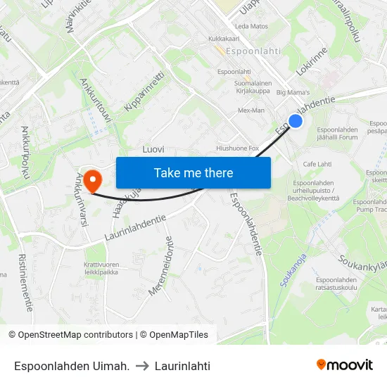 Espoonlahti Swimming Hall to Laurinlahti map