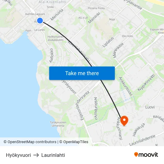 Hyokyvuori to Laurinlahti map