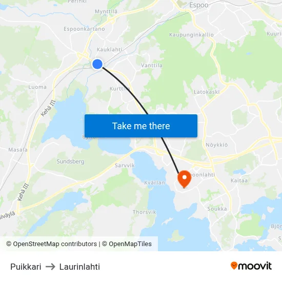 Puikkari to Laurinlahti map