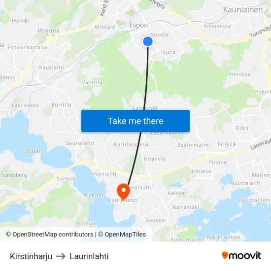 Kirstinharju to Laurinlahti map