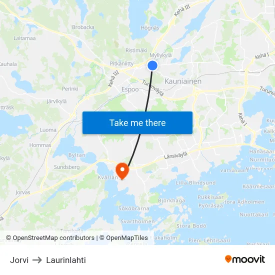 Jorvi to Laurinlahti map