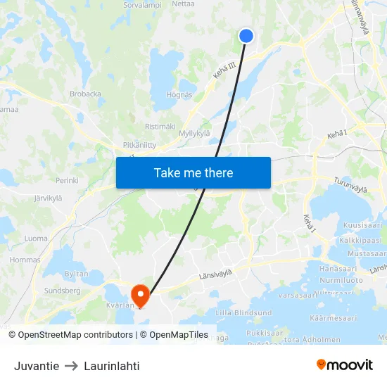 Juvantie to Laurinlahti map