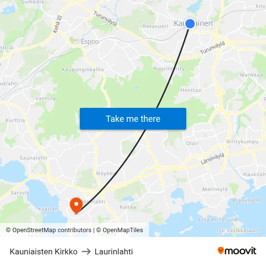 Kauniainen Church to Laurinlahti map