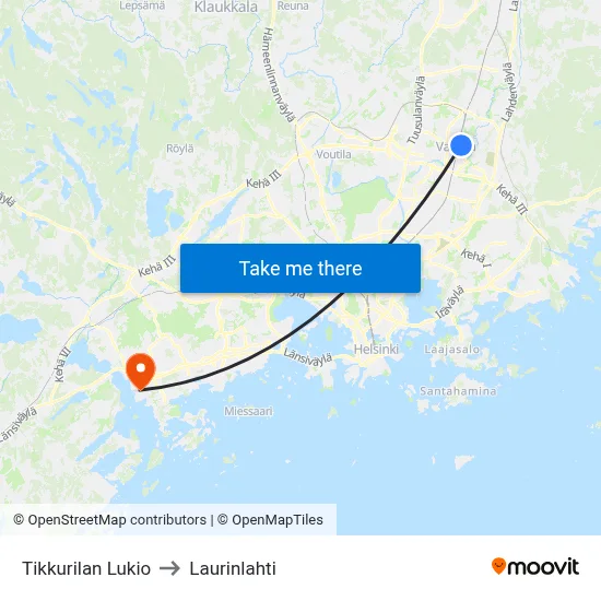 Tikkurila High School to Laurinlahti map