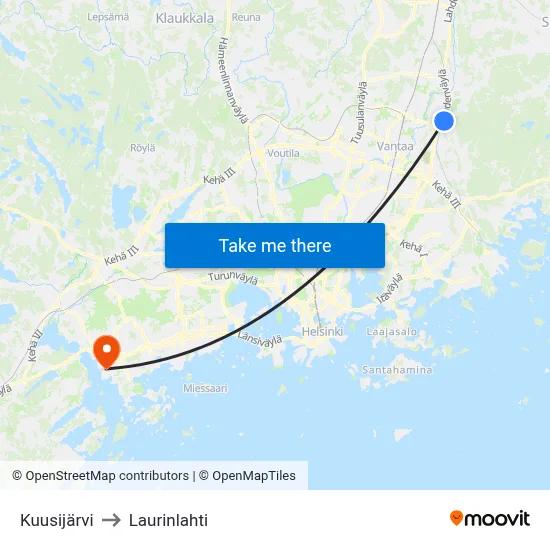 Kuusijarvi to Laurinlahti map