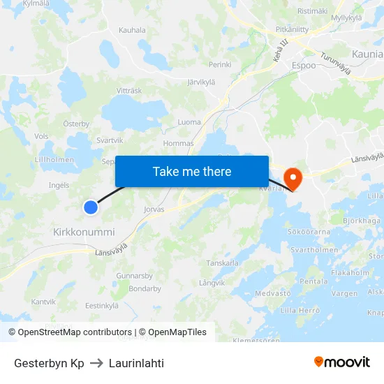 Gesterby Mall to Laurinlahti map