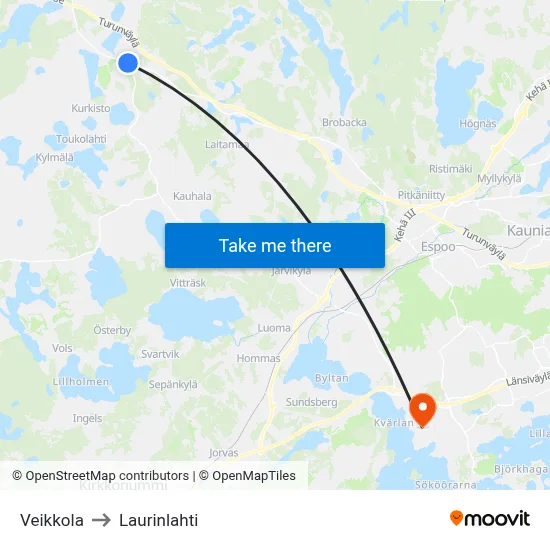 Veikkola to Laurinlahti map