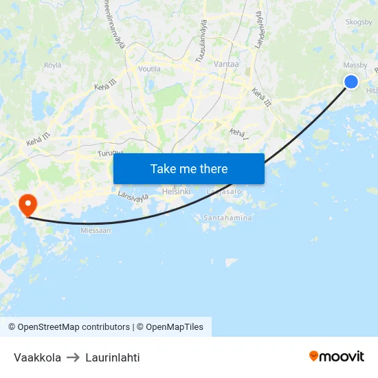 Vaakkola to Laurinlahti map