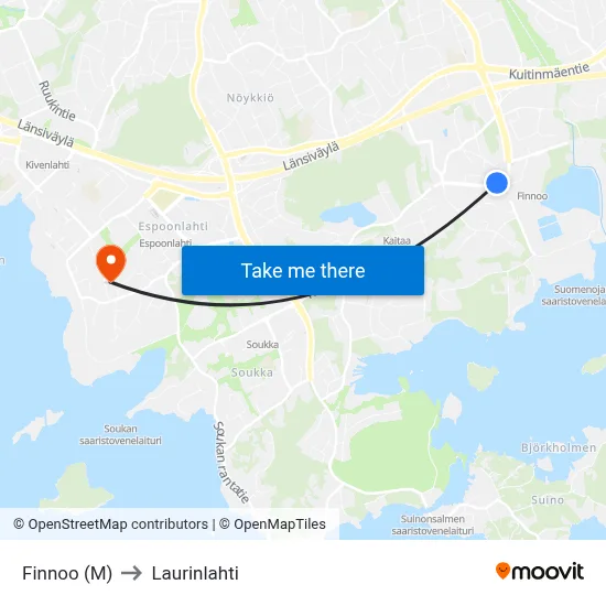 Finnoo (Metro) to Laurinlahti map