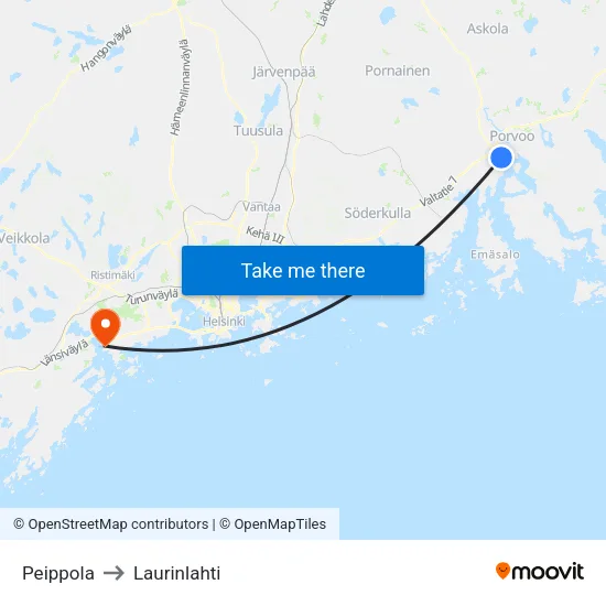 Peippola to Laurinlahti map