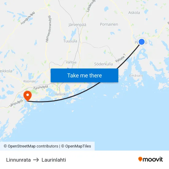 Linnunrata to Laurinlahti map