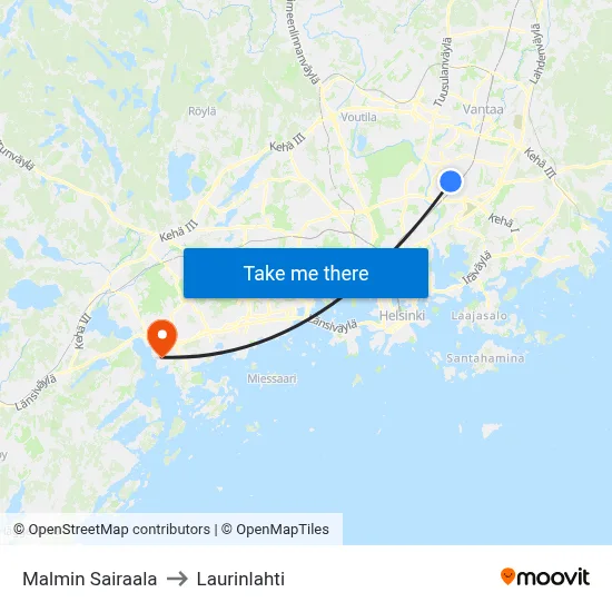 Malmi Hospital to Laurinlahti map