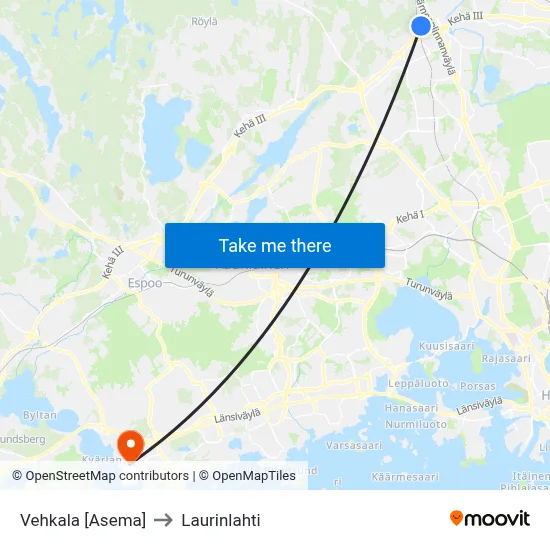 Vehkala Station to Laurinlahti map