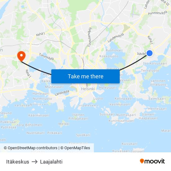 Itäkeskus to Laajalahti map