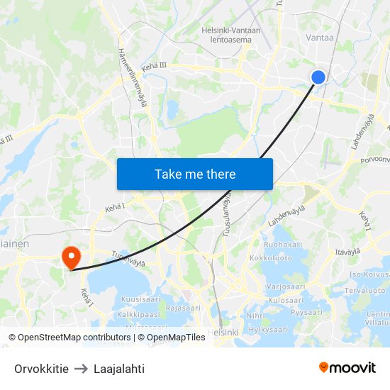 Orvokkitie to Laajalahti map