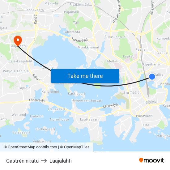 Castréninkatu to Laajalahti map