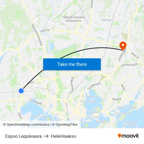 Espoo Leppävaara to Heikinlaakso map