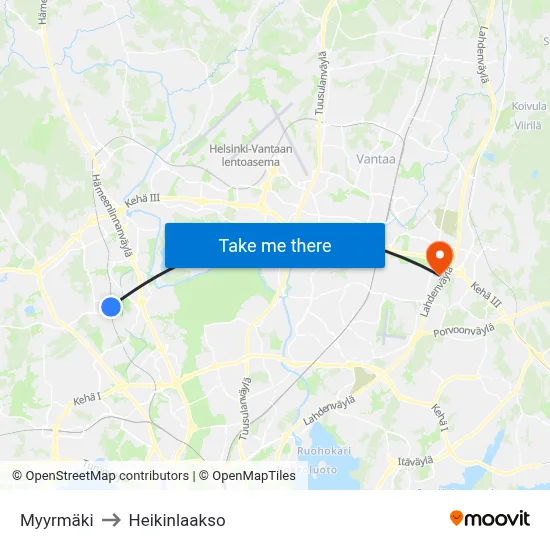 Myyrmäki to Heikinlaakso map