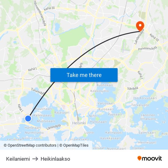 Keilaniemi to Heikinlaakso map
