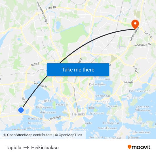 Tapiola to Heikinlaakso map