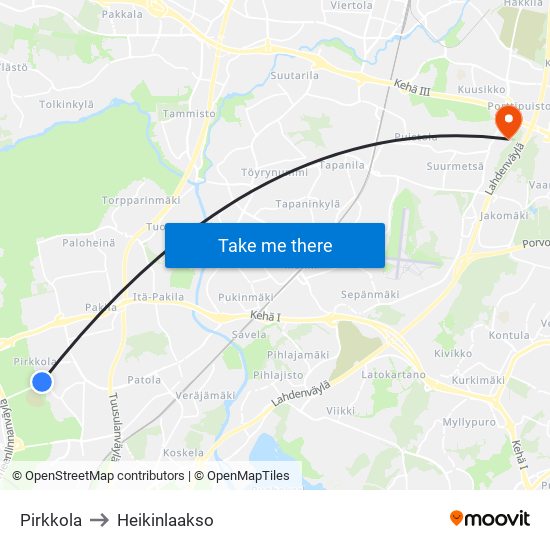 Pirkkola to Heikinlaakso map