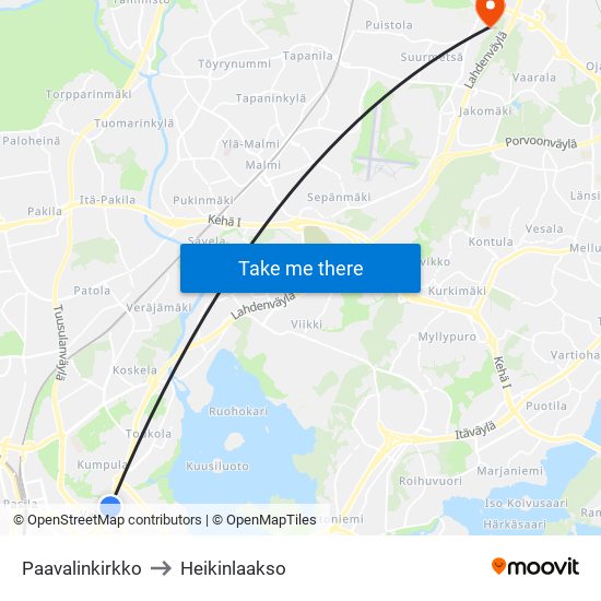 Paavalinkirkko to Heikinlaakso map