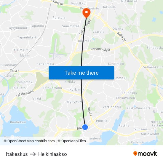 Itäkeskus to Heikinlaakso map
