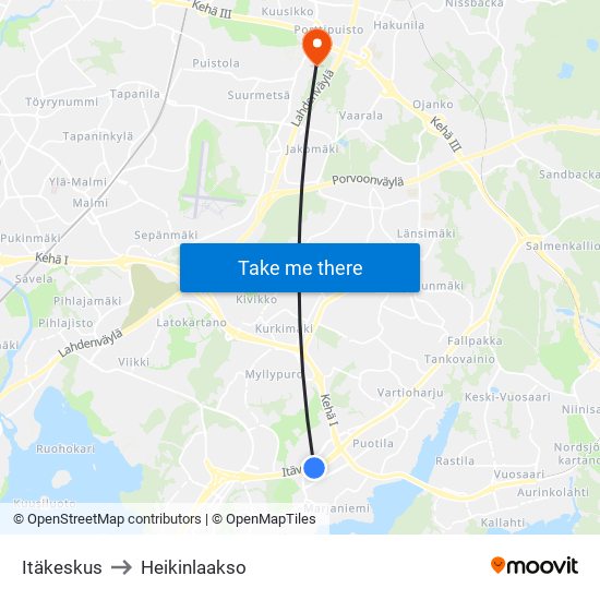 Itäkeskus to Heikinlaakso map