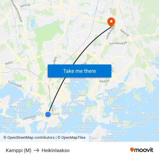Kamppi (M) to Heikinlaakso map