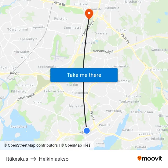 Itäkeskus to Heikinlaakso map