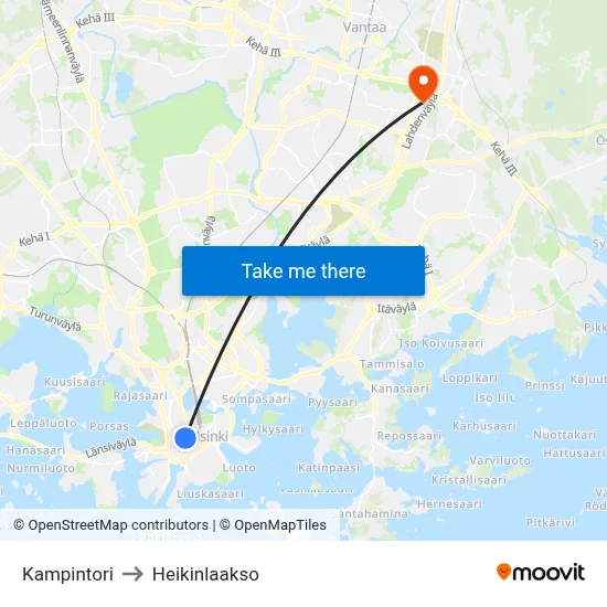 Kamppi Square to Heikinlaakso map