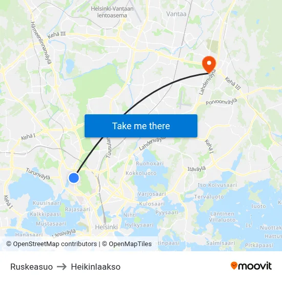 Ruskeasuo to Heikinlaakso map