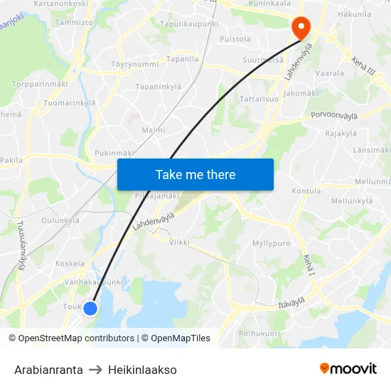 Arabianranta to Heikinlaakso map