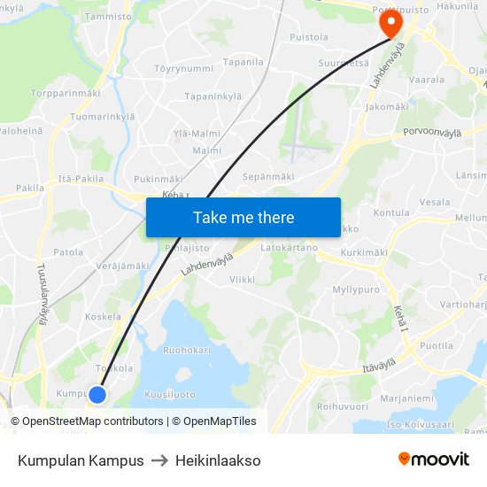 Kumpulan Kampus to Heikinlaakso map