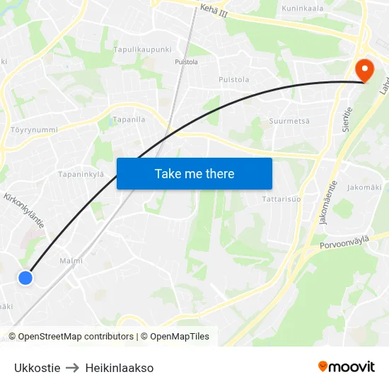 Ukkostie to Heikinlaakso map