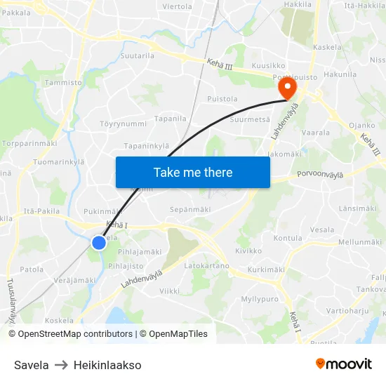 Savela to Heikinlaakso map