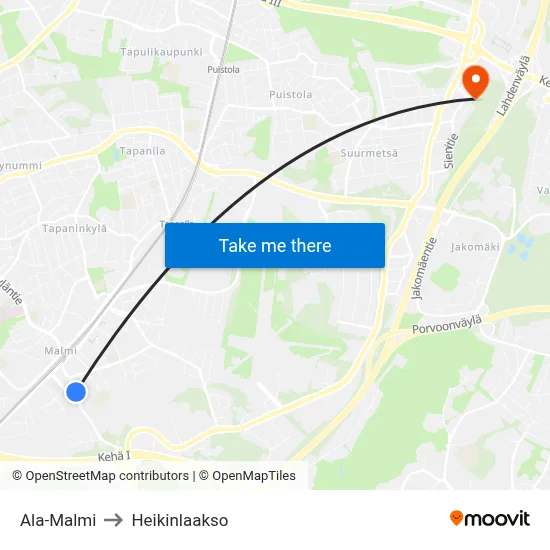 Lower Malmi to Heikinlaakso map