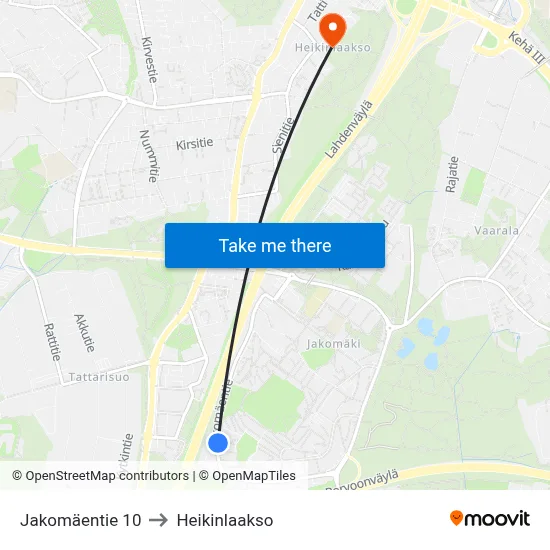 10 Jakomäentie to Heikinlaakso map