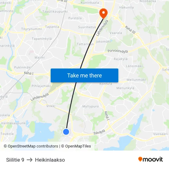 Siilitie 9 to Heikinlaakso map
