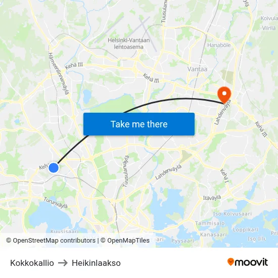Kokkokallio to Heikinlaakso map