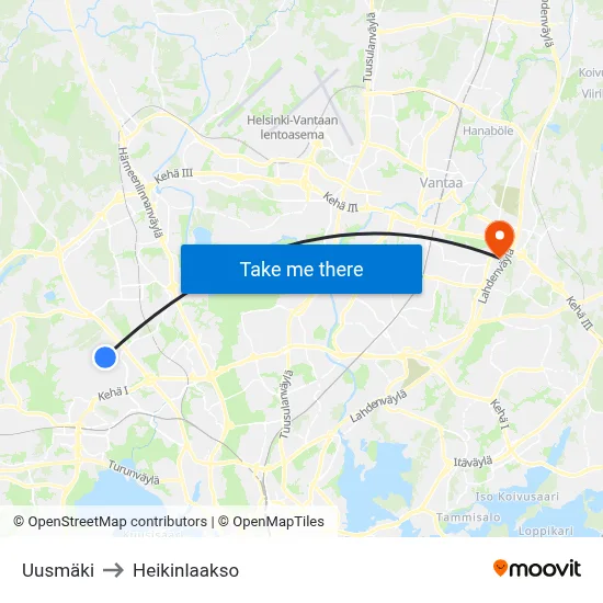 Uusmäki to Heikinlaakso map