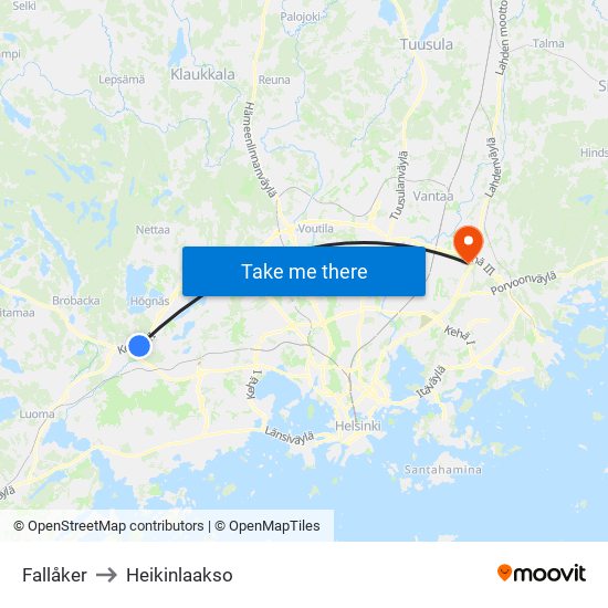 Fallåker to Heikinlaakso map