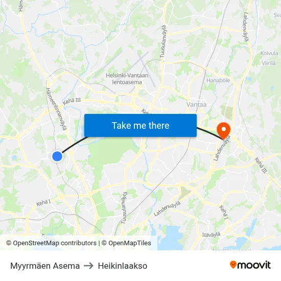 Myyrmäki Station to Heikinlaakso map