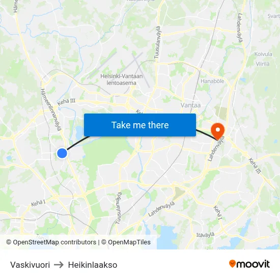 Vaskivuori to Heikinlaakso map