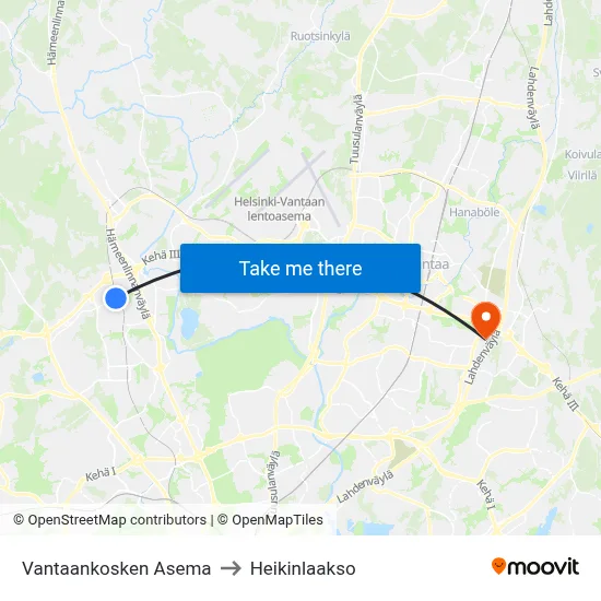 Vantaankoski Station to Heikinlaakso map