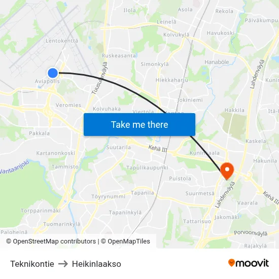 Teknikontie to Heikinlaakso map