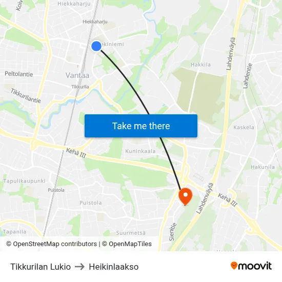 Tikkurila High School to Heikinlaakso map