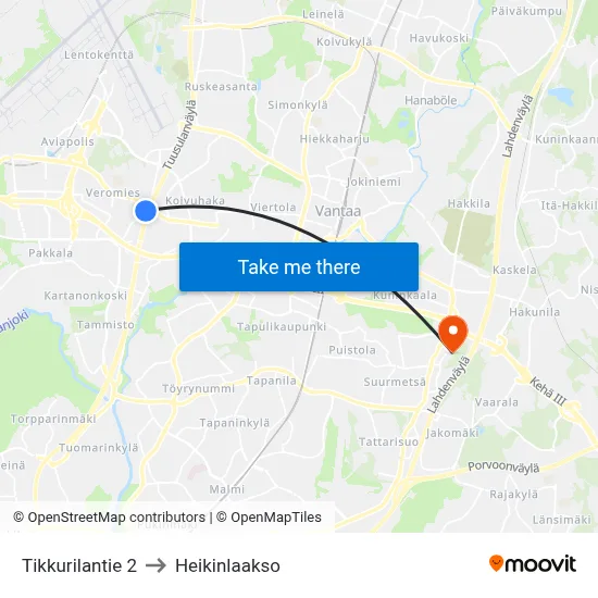 Tikkurilantie 2 to Heikinlaakso map