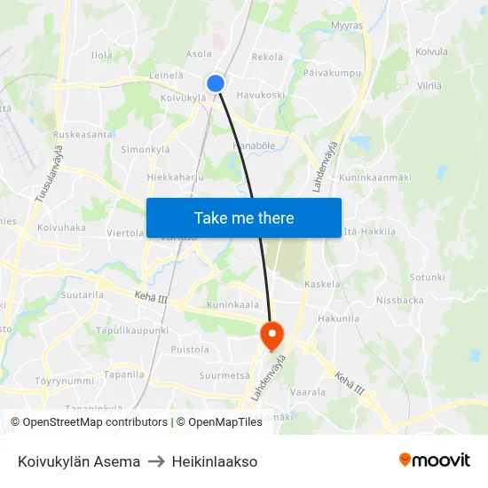 Koivukylä Station to Heikinlaakso map