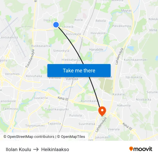 Ilola School to Heikinlaakso map